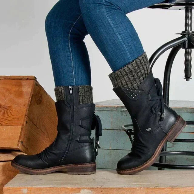 Botas de neve impermeáveis para mulheres - botas de inverno de cano médio e alto com sola antiderrapante