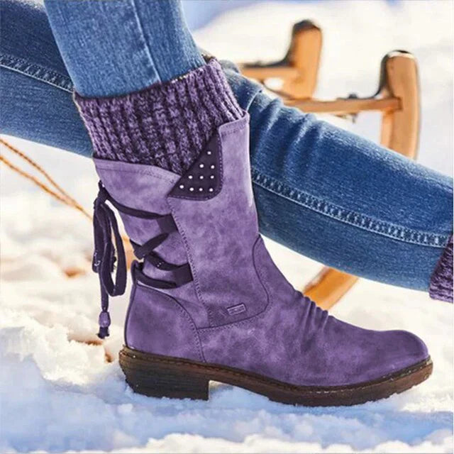Botas de neve impermeáveis para mulheres - botas de inverno de cano médio e alto com sola antiderrapante