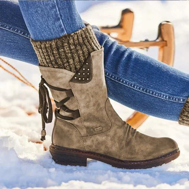 Botas de neve impermeáveis para mulheres - botas de inverno de cano médio e alto com sola antiderrapante