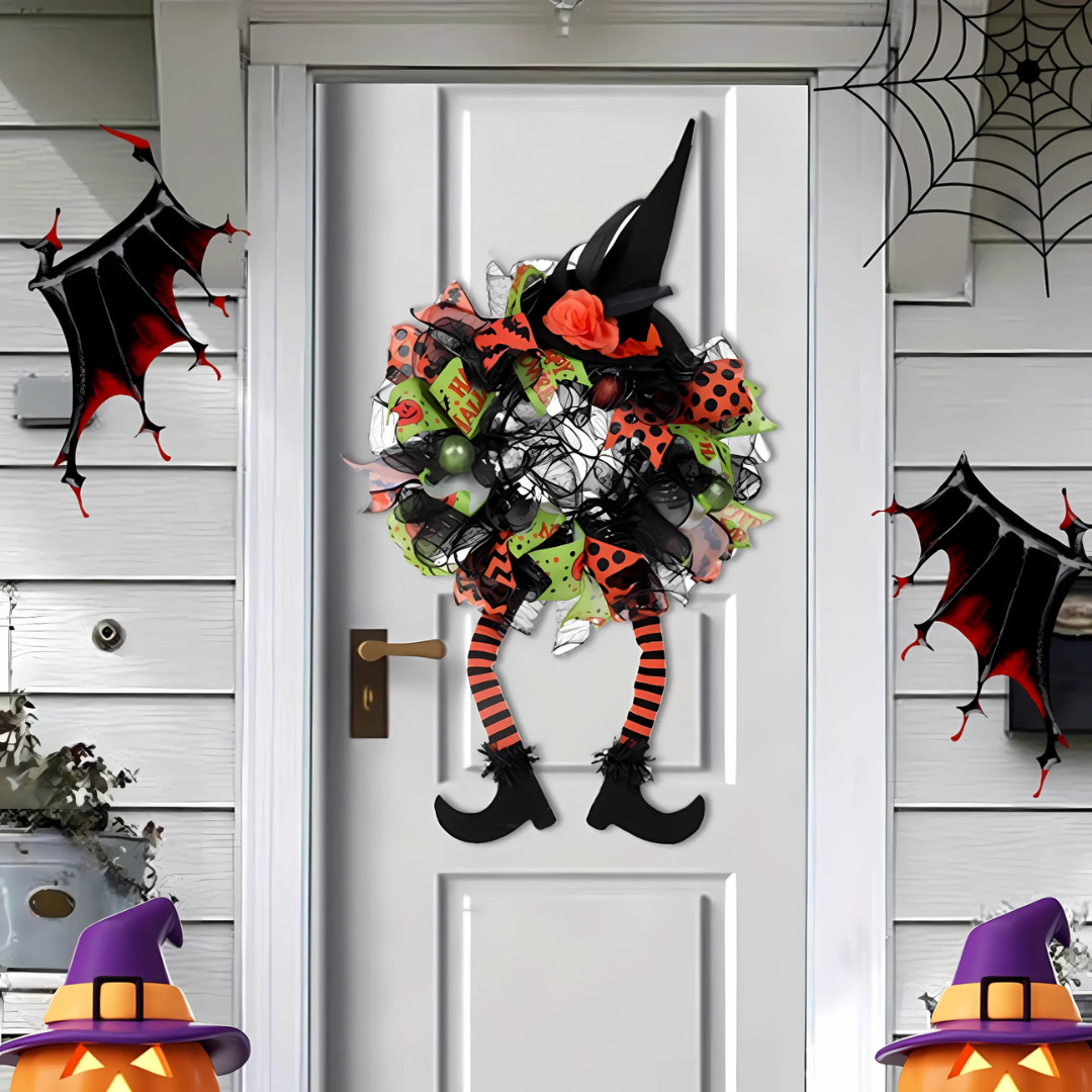 Halloween věnce na dveře | čarodějnické nohy v síťovém designu