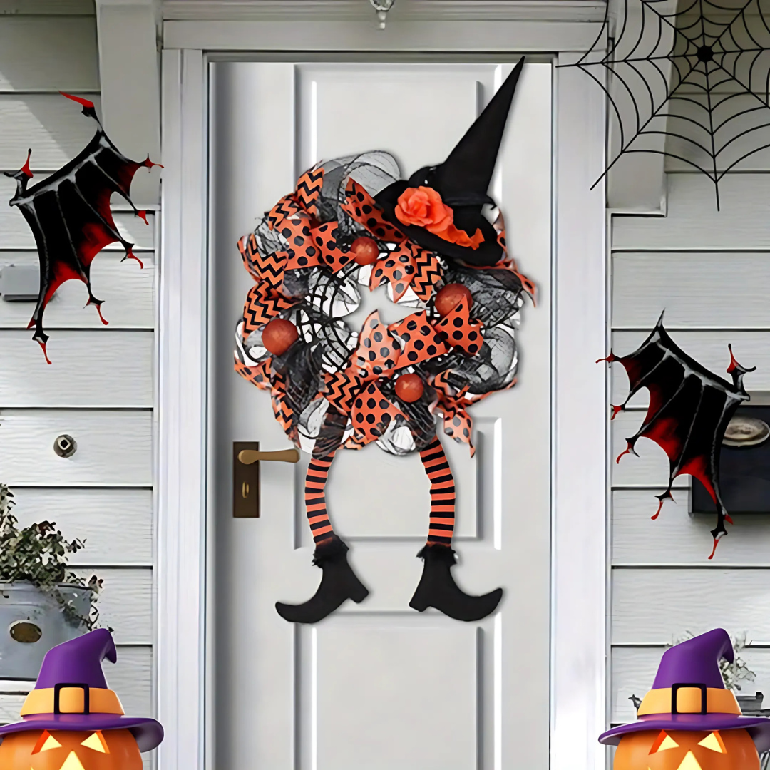 Halloween věnce na dveře | čarodějnické nohy v síťovém designu