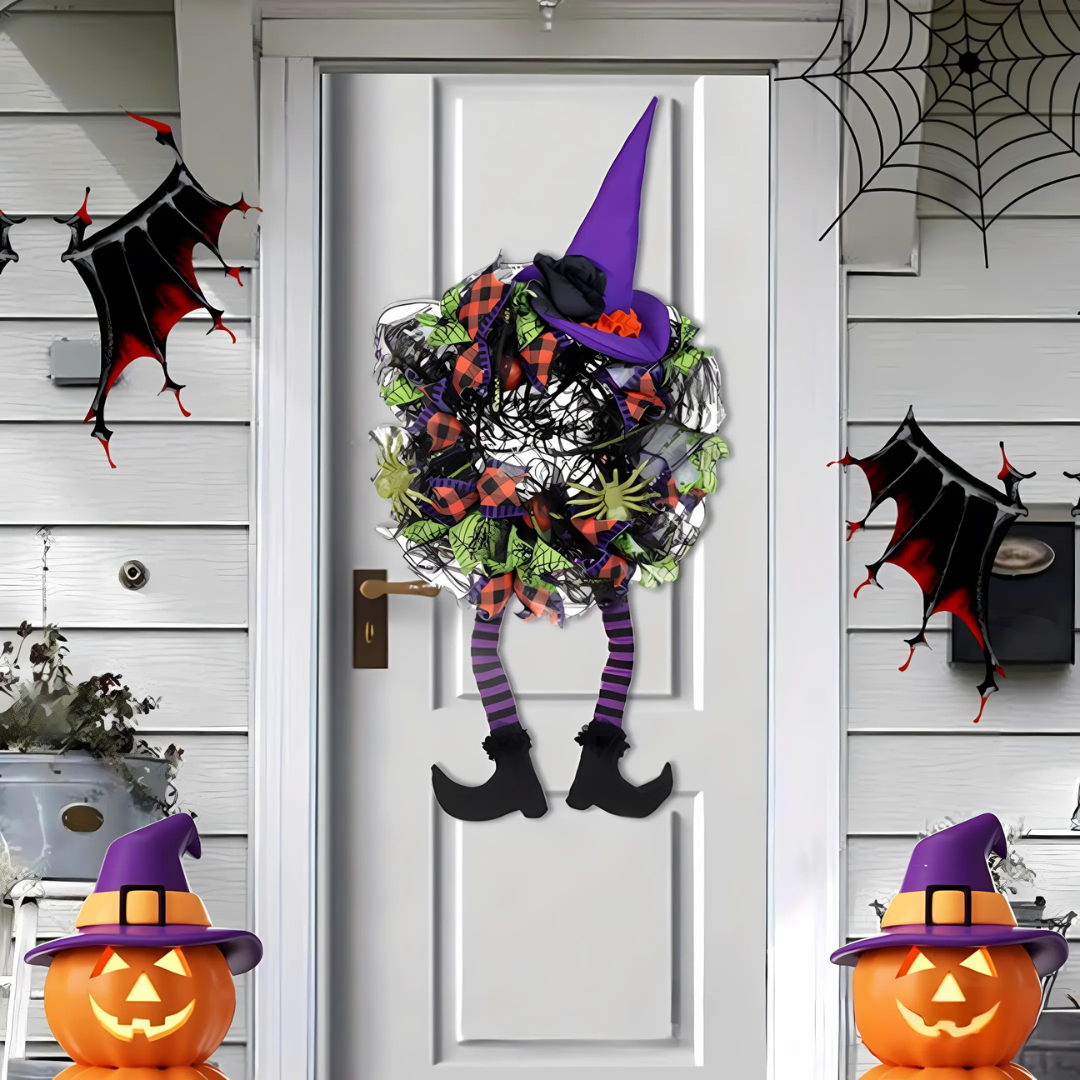 Halloween věnce na dveře | čarodějnické nohy v síťovém designu