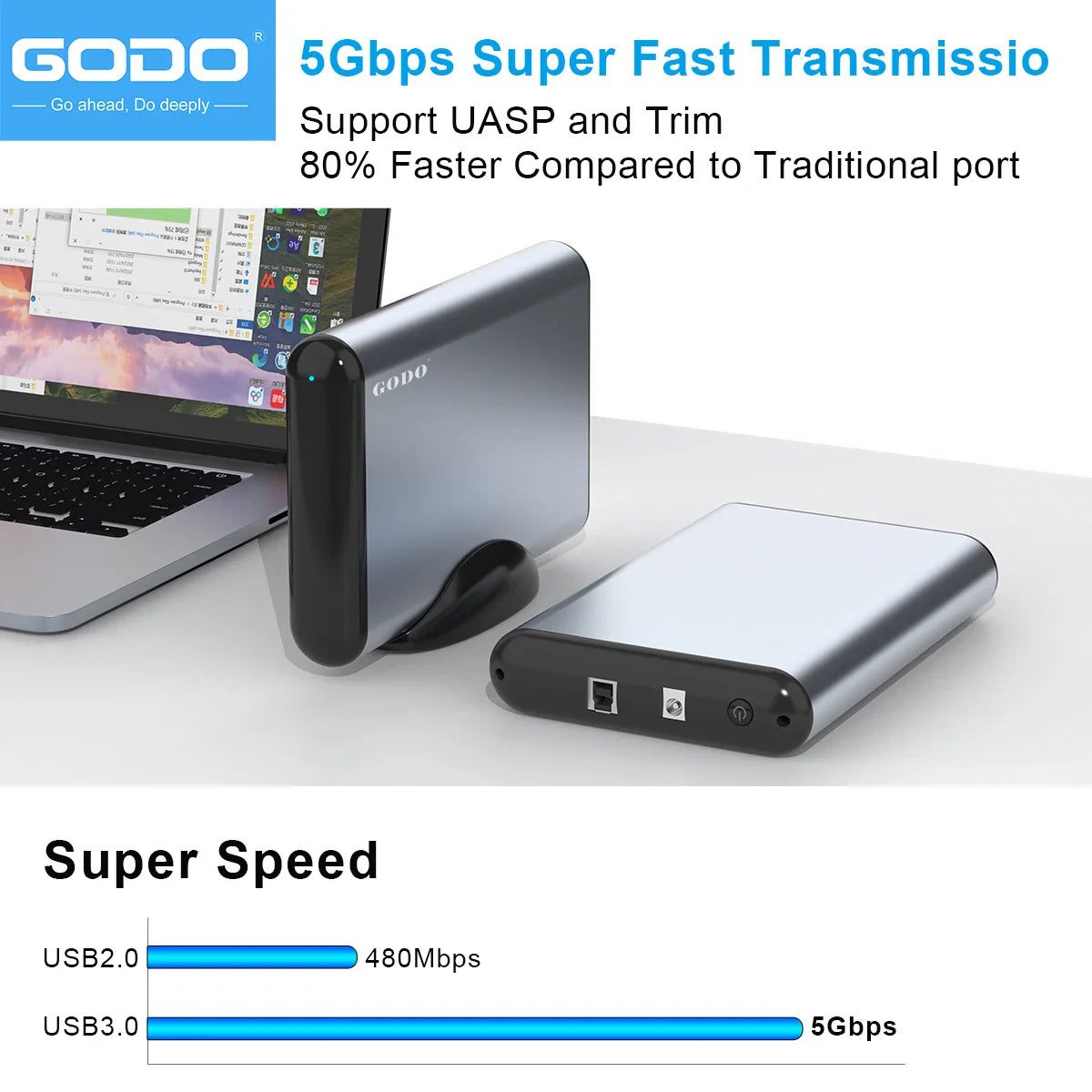 GODO USB 3.0 aluminiumskabinet til ekstern harddisk (op til 18 TB, 2,5"/3,5" SATA HDD/SSD)