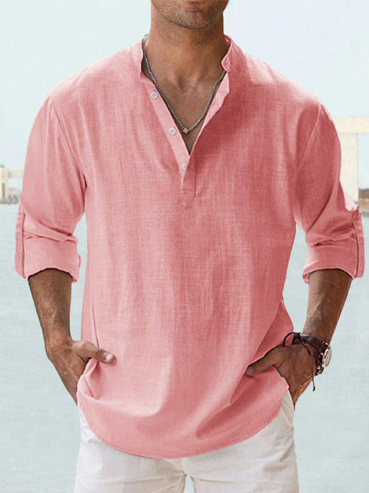 Camisa masculina - Linho - Ajuste descontraído - Gola chinoca - Leve e respirável
