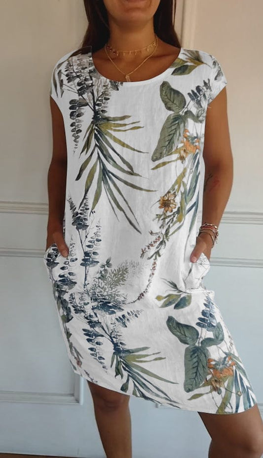 Robe féminine à manches courtes au genou avec motif tropical