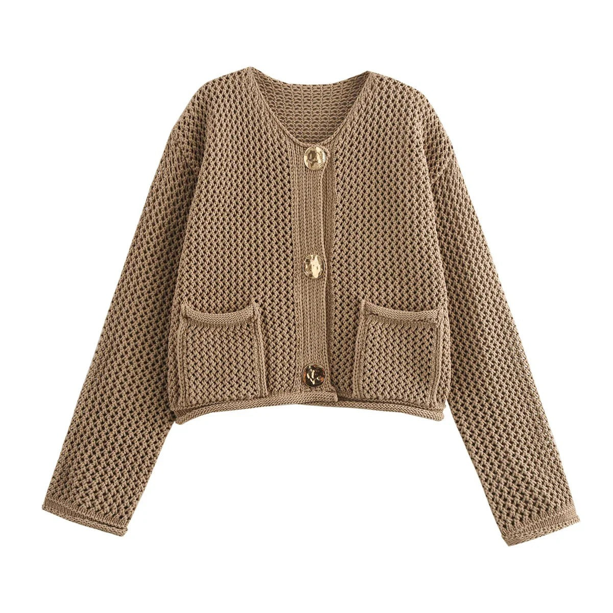 Kortstrikket cardigan med lommer og knapper til damer