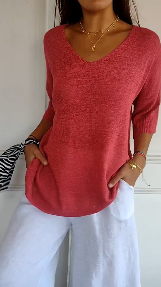 Top ample en tricot à col en V pour femmes - Spécial automne