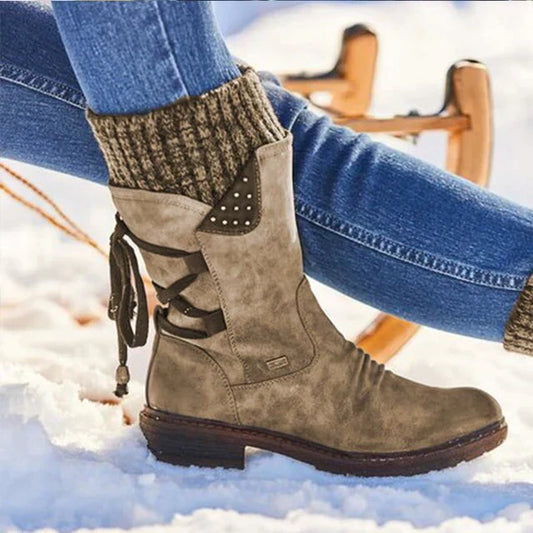 Botas de neve impermeáveis para mulheres - botas de inverno de cano médio e alto com sola antiderrapante