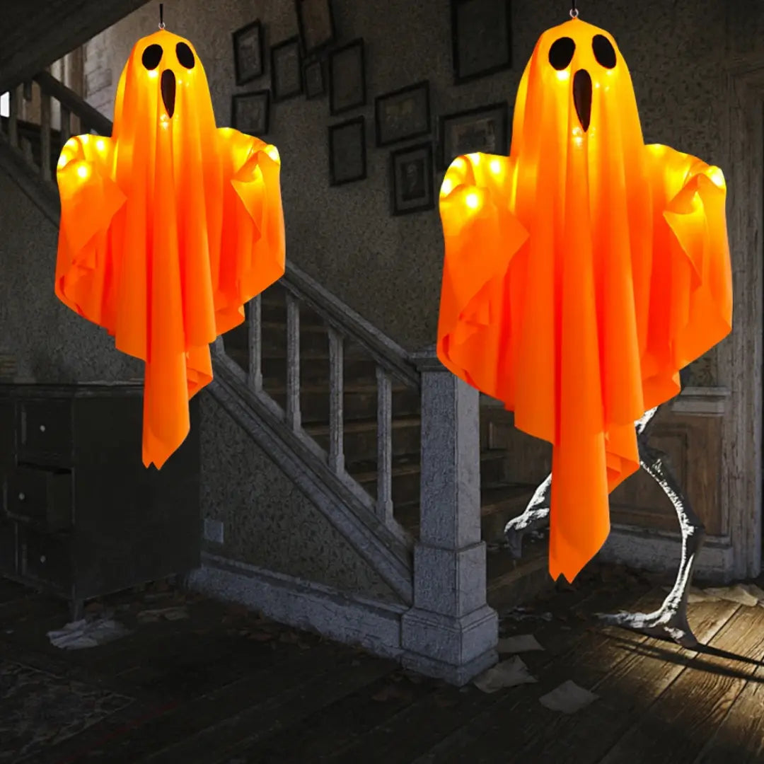 Halloween - svítící bílé duch - LED závěsná dekorace s světelnými řetězy