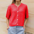 Women's short-sleeved round neck cardigan with front button closure