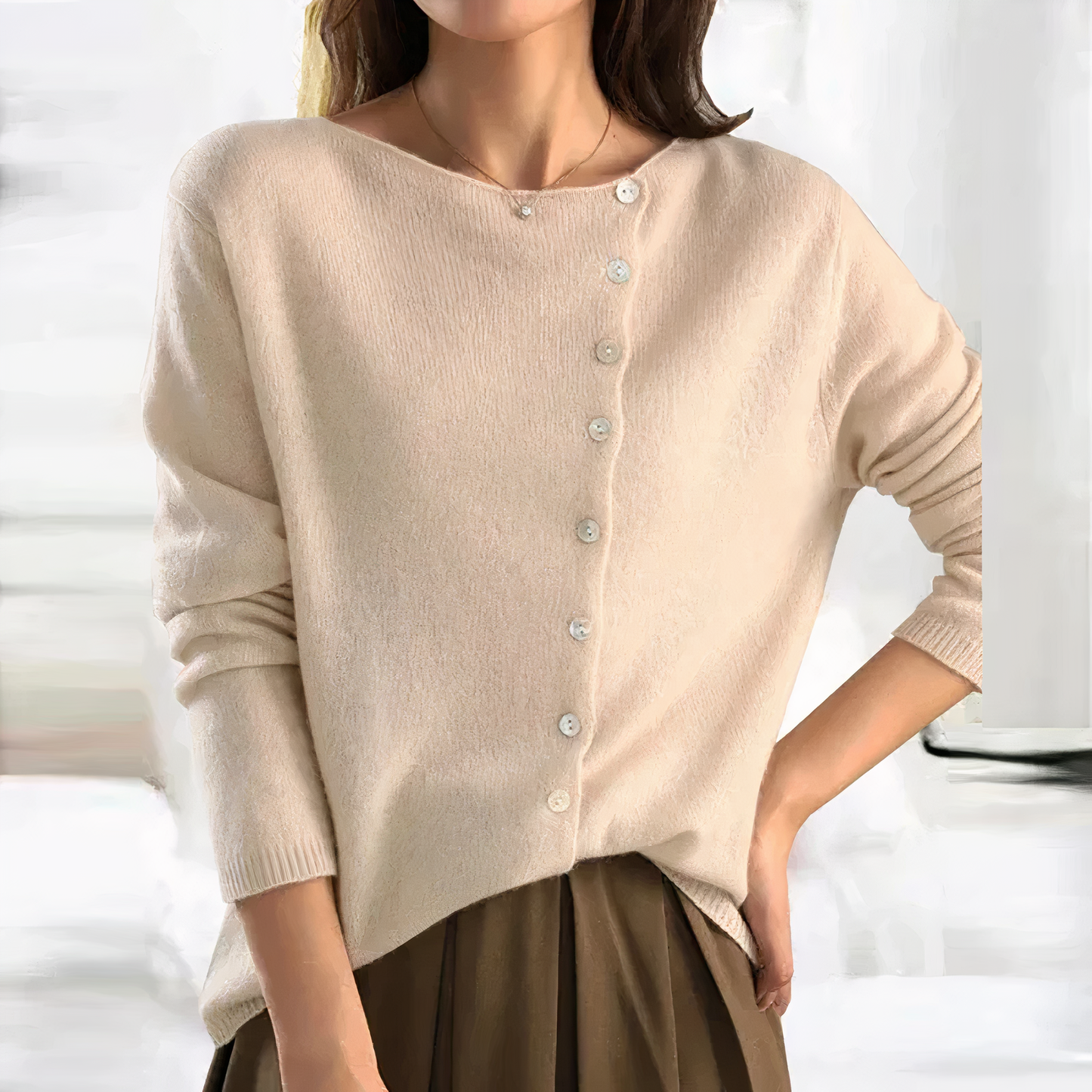 Women's V-neck cardigan with slanted button closure