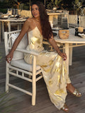 Jade - Long dress with bare back, V-neck and metallic print