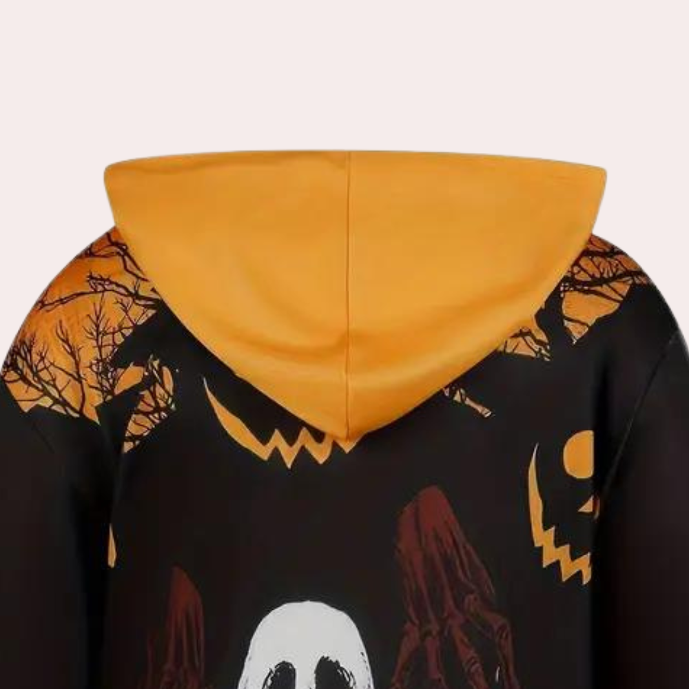 Halloweenové šaty s kapucí, které jsou potištěné motivem duchů a dýní