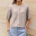 Women's short-sleeved round neck cardigan with front button closure