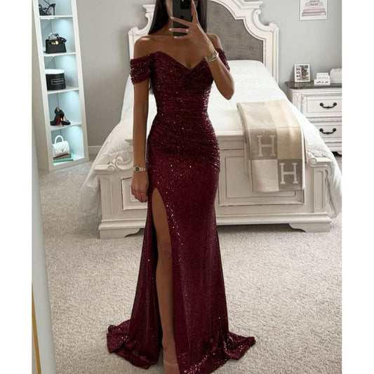 Robe de soirée d'été pour femmes - robe longue et décolletée à paillettes avec fente pour les mariages et les fêtes