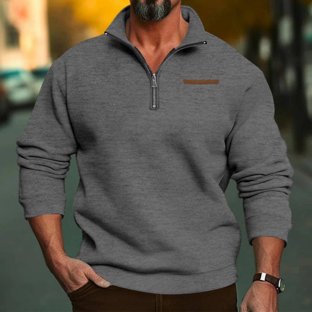 Men's sweater with stand-up collar and short front zipper