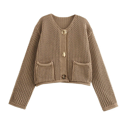 Kortstrikket cardigan med lommer og knapper til damer