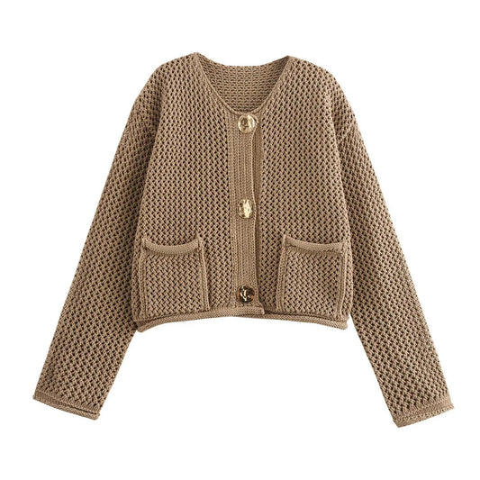 Kortstrikket cardigan med lommer og knapper til damer