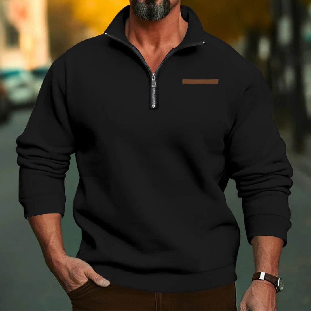 Men's sweater with stand-up collar and short front zipper