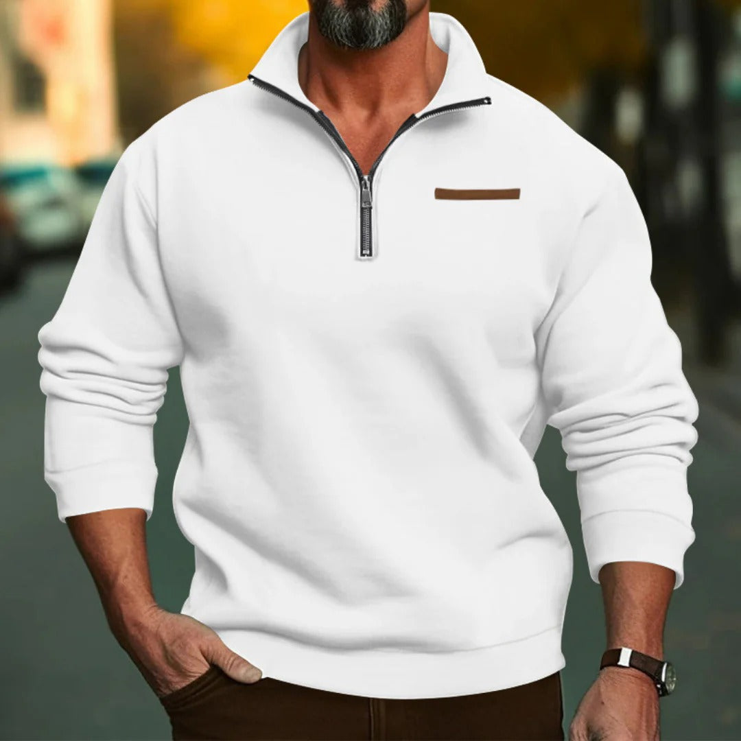 Men's sweater with stand-up collar and short front zipper