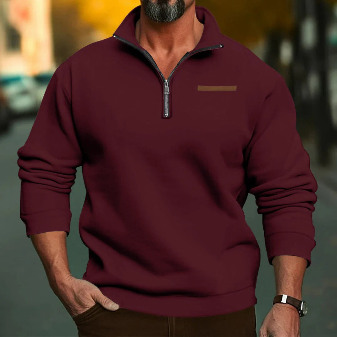 Men's sweater with stand-up collar and short front zipper