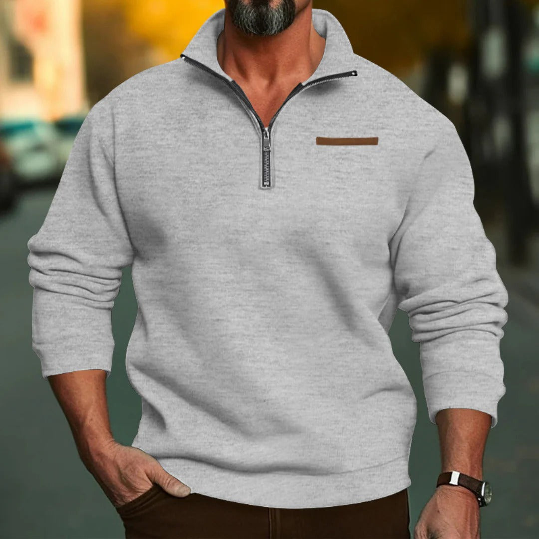 Men's sweater with stand-up collar and short front zipper