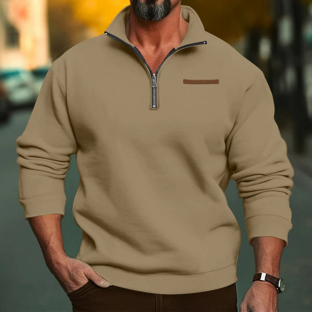 Men's sweater with stand-up collar and short front zipper