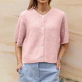 Women's short-sleeved round neck cardigan with front button closure