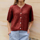 Women's short-sleeved round neck cardigan with front button closure