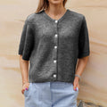 Women's short-sleeved round neck cardigan with front button closure
